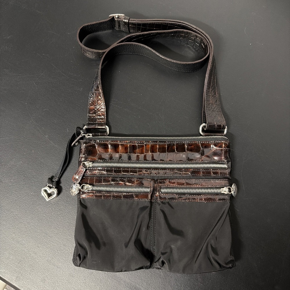 Brighton Black Go-Go Nylon & Croc Print Leather Crossbody Handbag Purse
